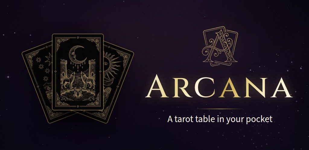 Arcana: the Star, the Moon and the Sun cards in gold line art. A tarot table in your pocket.