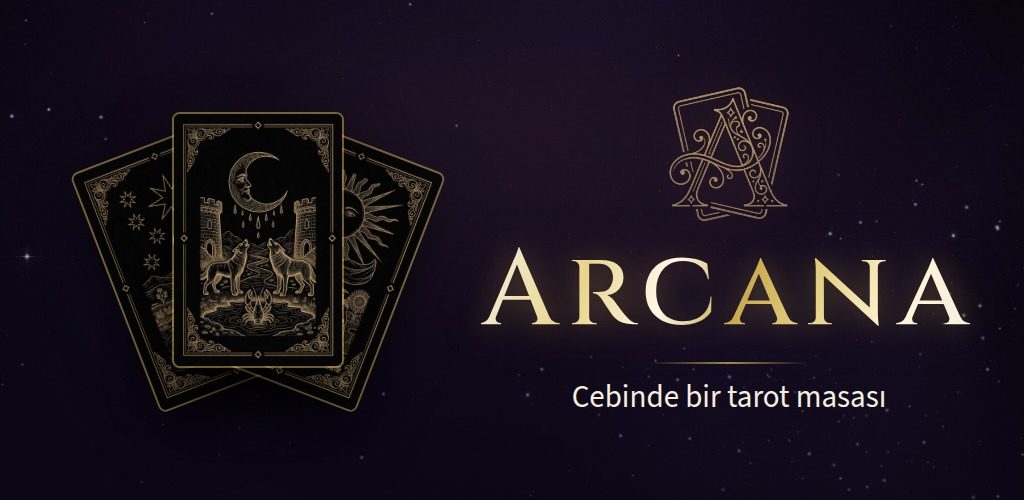 Arcana: altın çizgilerle Yıldız, Ay ve Güneş kartları. Cebinde bir tarot masası.