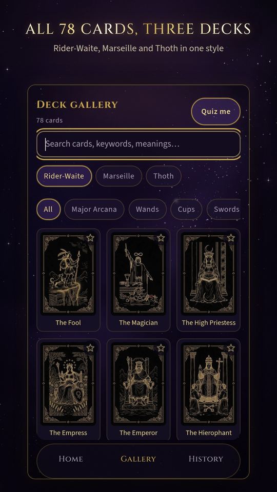 The deck gallery: all 78 cards in three decks