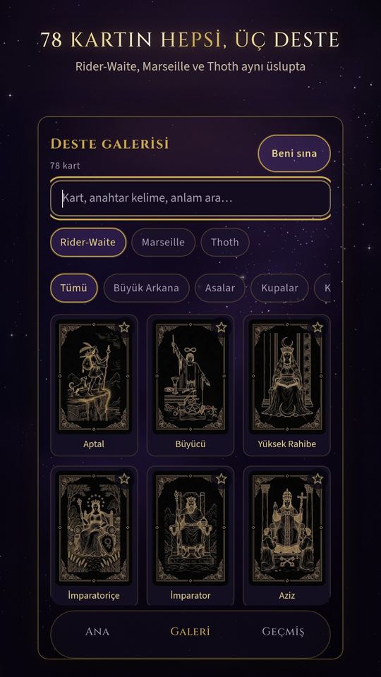 Deste galerisi: üç destede 78 kart